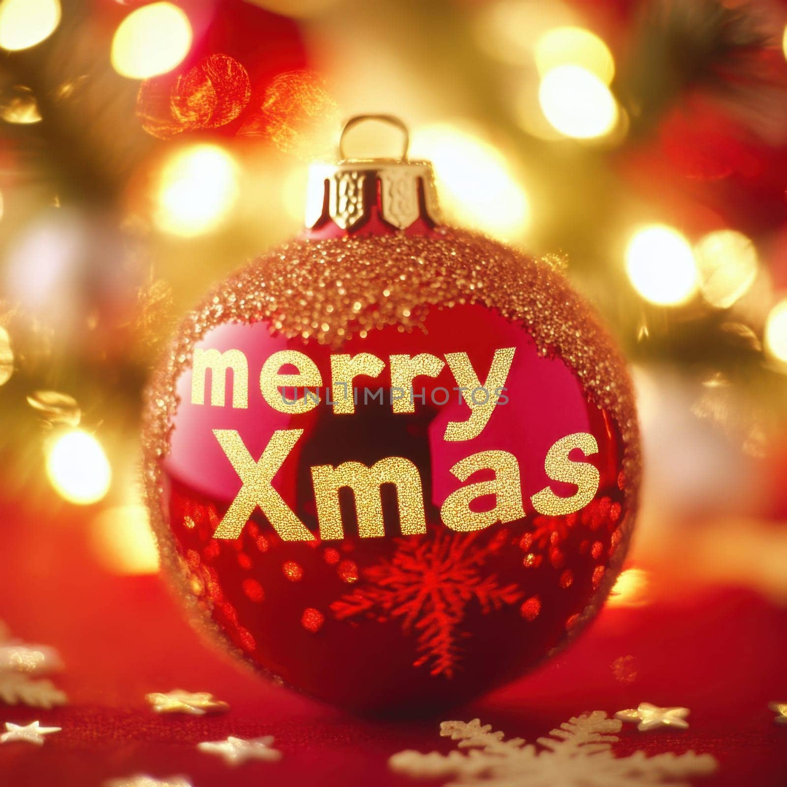 A bright red ornament with the message Merry Xmas rests among golden lights and festive decorations creating a joyful holiday atmosphere.
