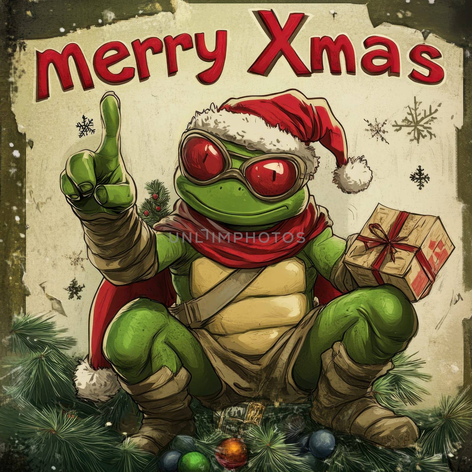 A cheerful turtle dressed in a Santa hat and scarf sits among holiday decorations holding a gift and celebrating the festive season.