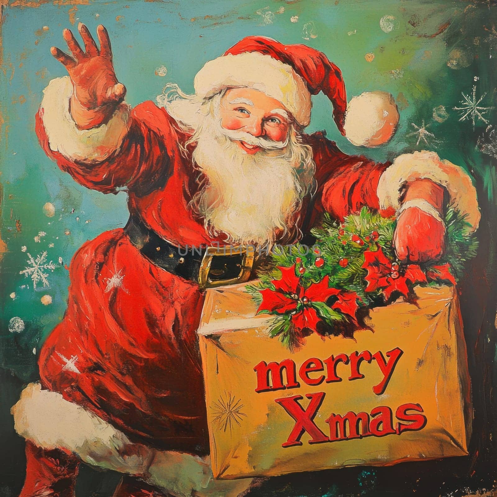 A cheerful Santa Claus waves while holding a box decorated with festive greenery celebrating the Christmas spirit.