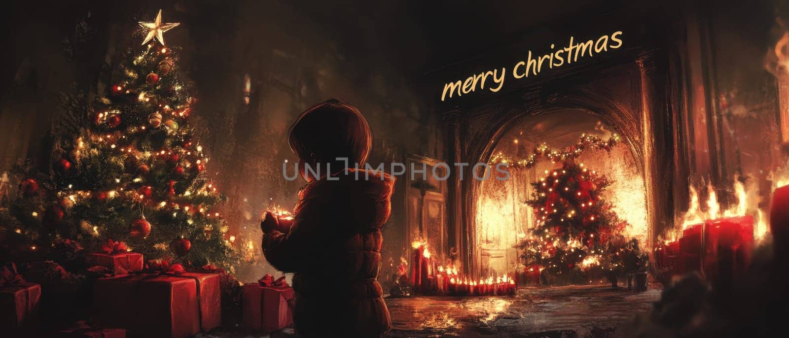 A child stands in awe in a dimly lit room filled with Christmas decorations warm lights and festive gifts.