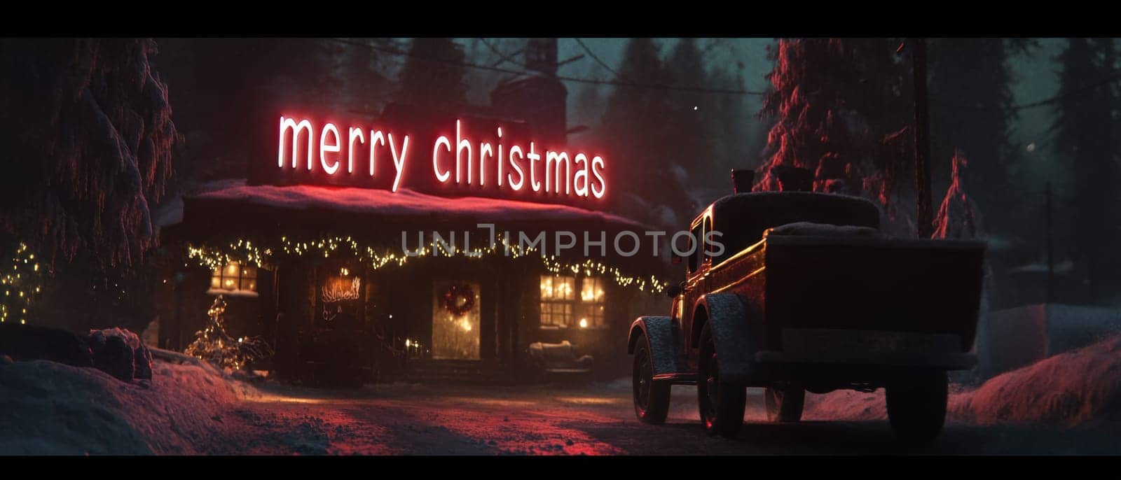 A classic truck parks by a cabin adorned with Christmas lights creating a warm atmosphere in the snow covered landscape at night.