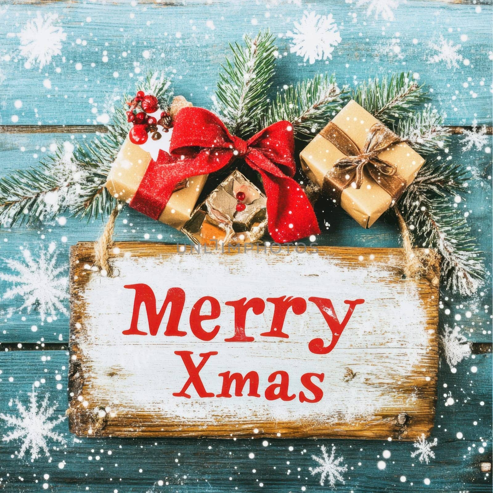 A decorative wooden sign reads Merry Xmas adorned with gifts greenery and snowflakes creating a joyful holiday atmosphere.