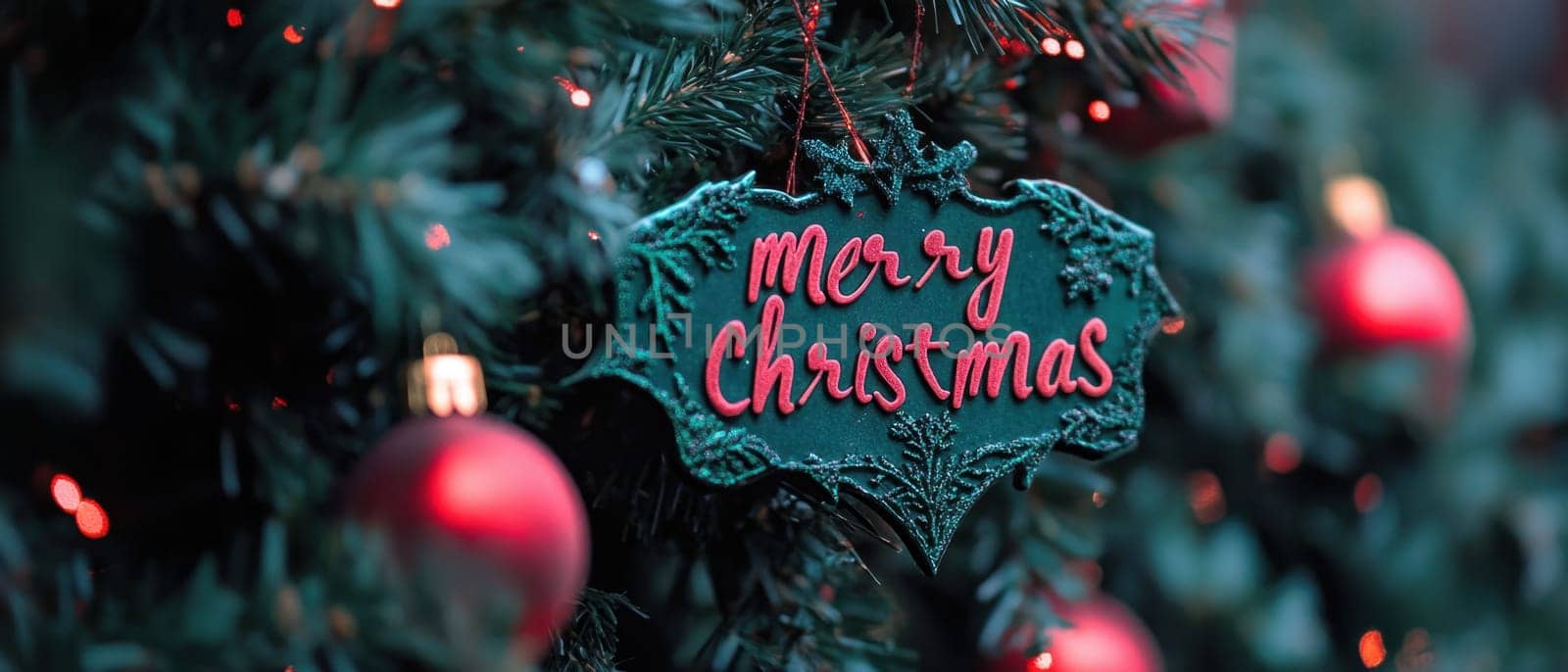 A beautiful Christmas tree adorned with a green ornament that reads Merry Christmas surrounded by red baubles and twinkling lights.