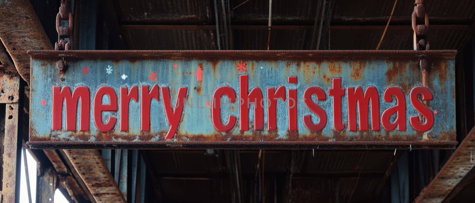 A rusted festive sign reading Merry Christmas is suspended from a rustic overhead structure in a dimly lit space.