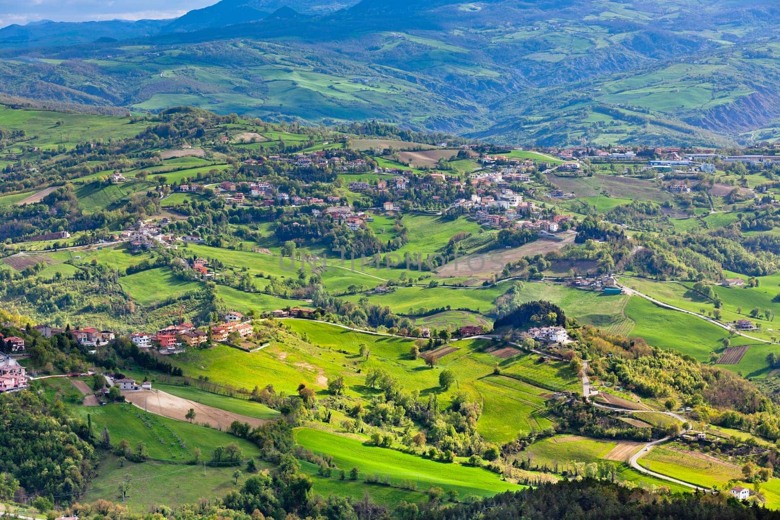 View from Titano mountain at Italian neighborhood. Horizontal shot