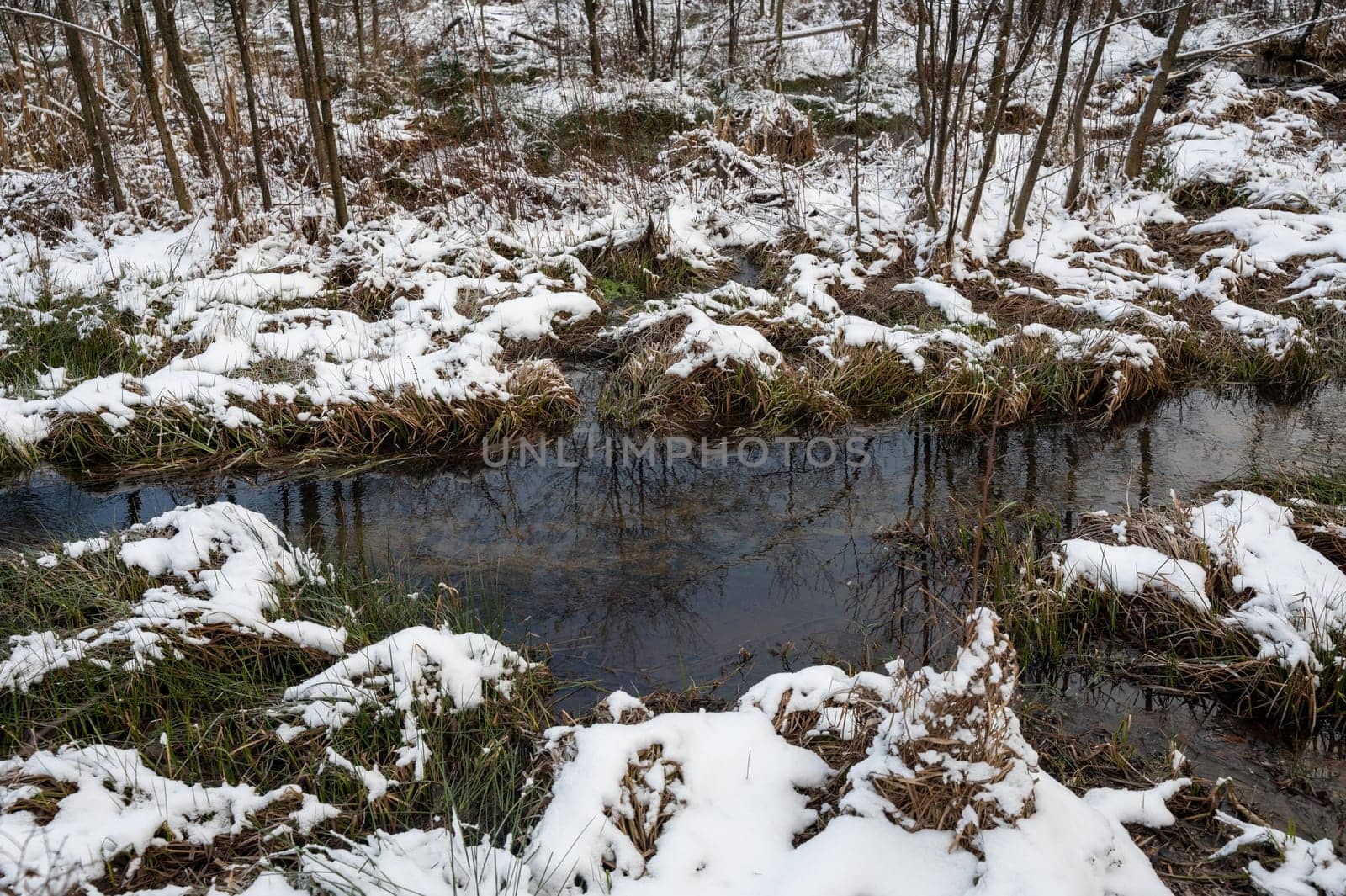 Winter landscape on a small river with snow