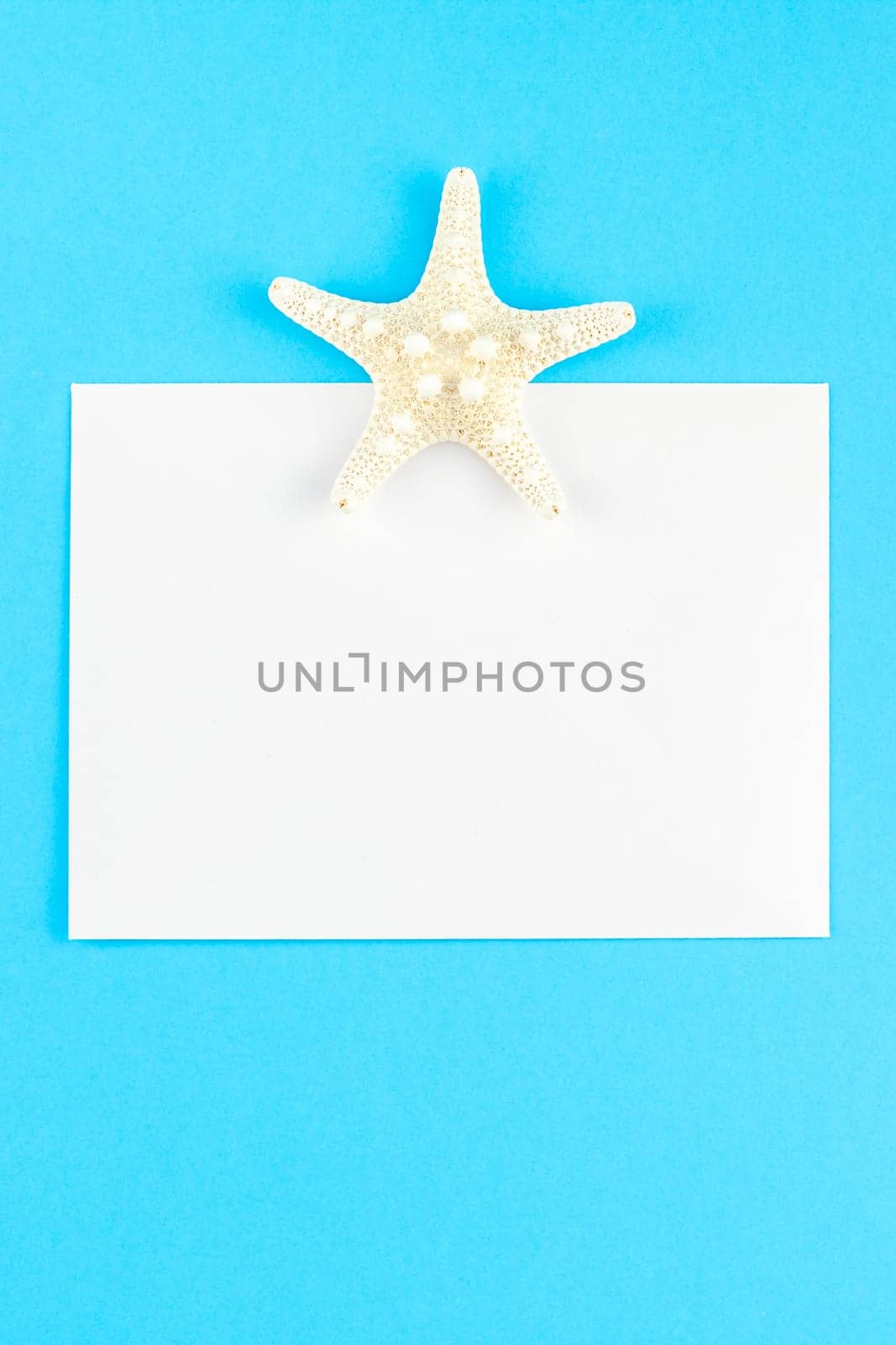 Creative flat lay concept of summer travel vacations. Top view of seashells and starfish on turquoise blue background with postcard mock up and copy space in minimal style, template for text