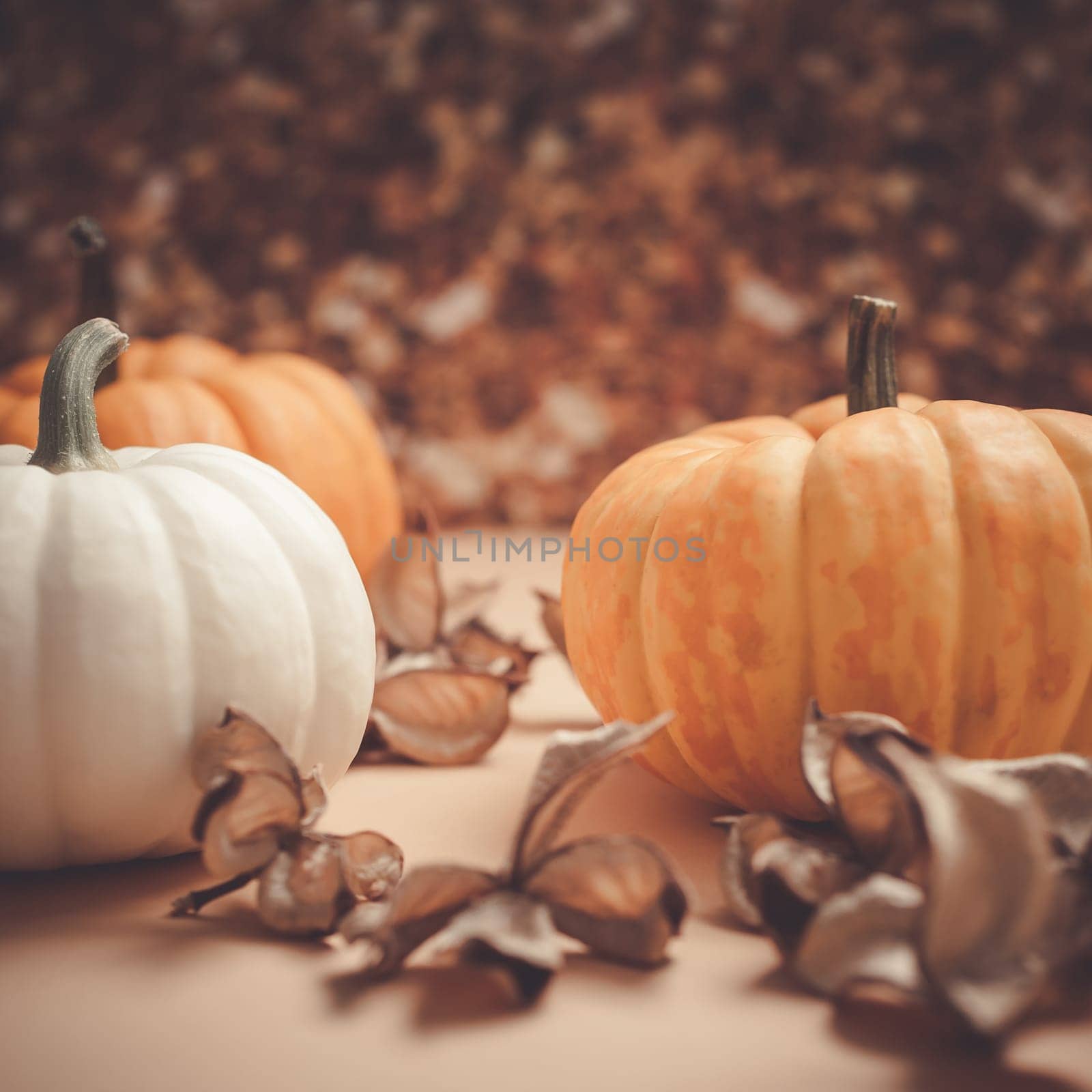 Autumn orange and white pumpkins thanksgiving halloween background wooden box with copy space. Square Template for fall harvest mood text
