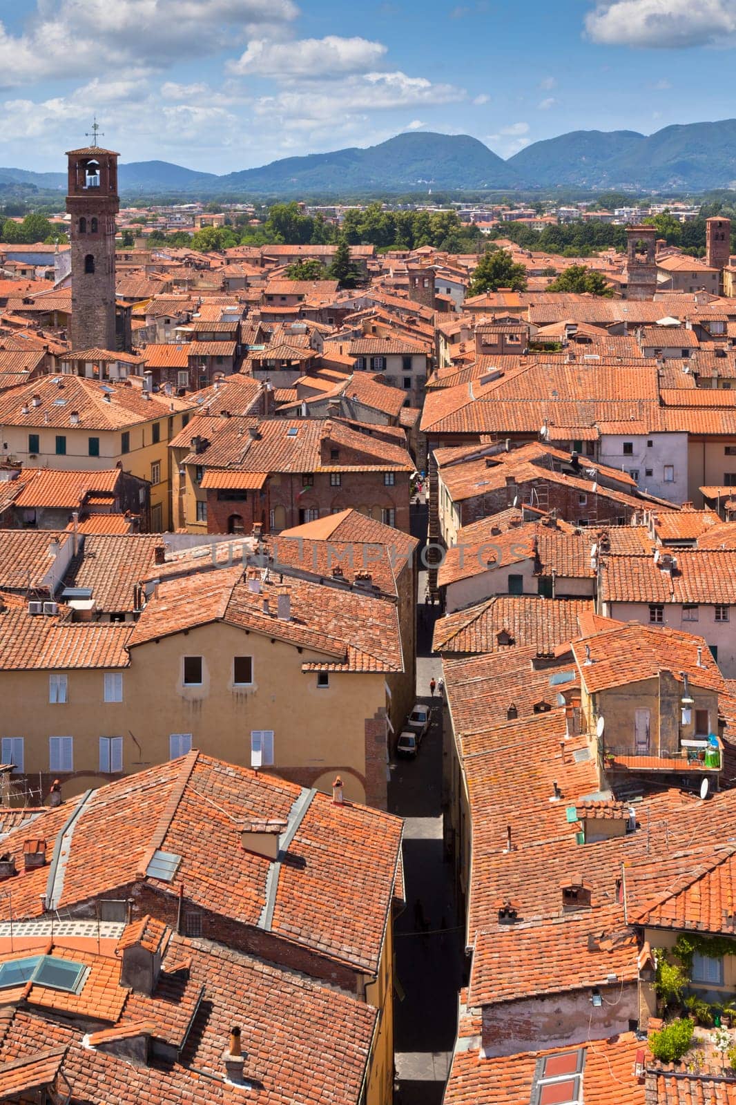 View over Italian town Lucca with typical terracotta roofs