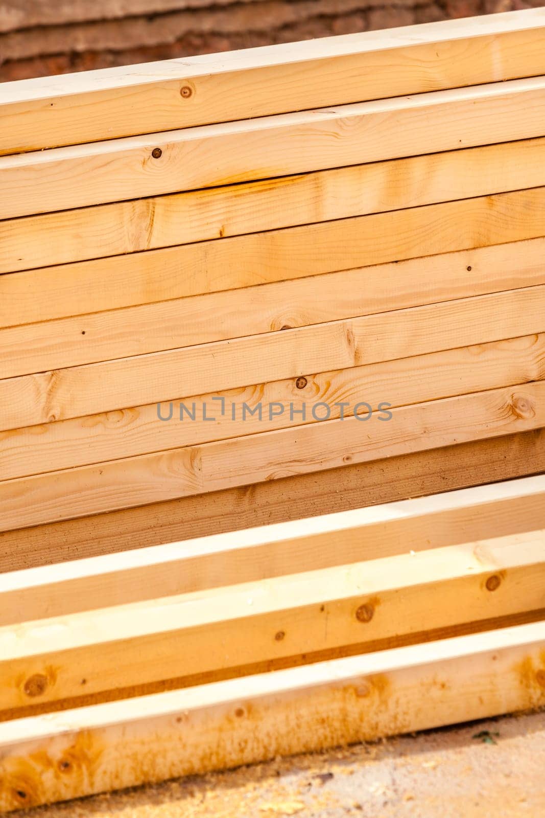 Construction of new wooden house. Beams frame close up