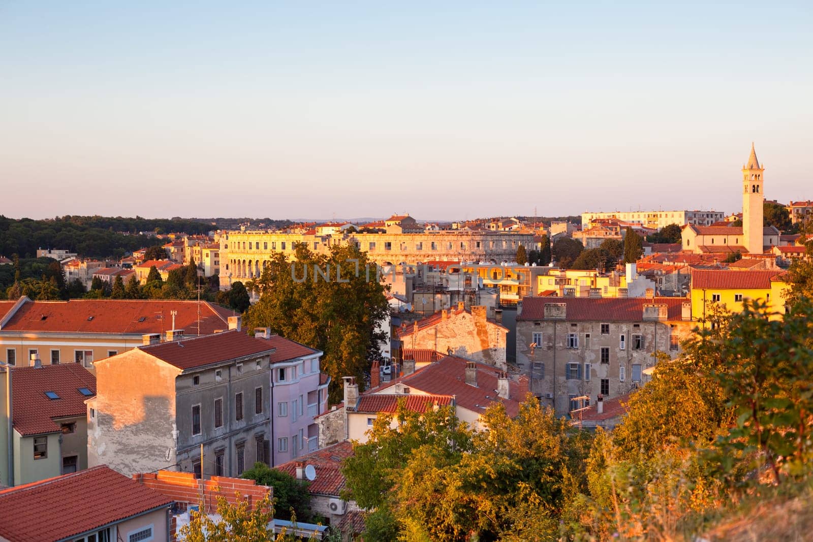 View of Pula, Croatia cityscape at sunset from above