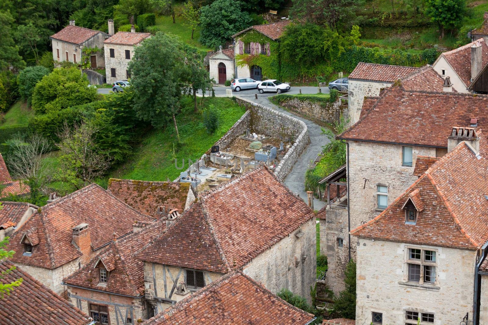 French small town Saint-Cirq Lapopie view from above. Horizontal shot