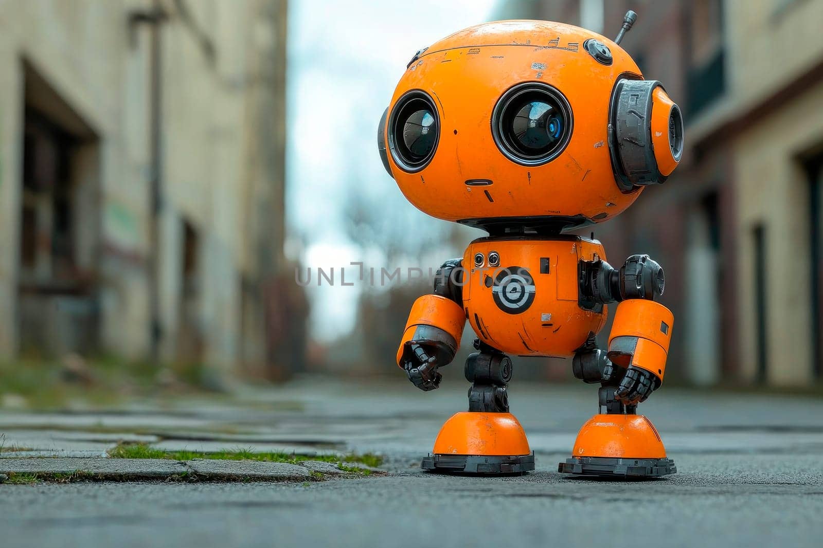 An orange cute friendly robot standing on the empty street.  AI generated