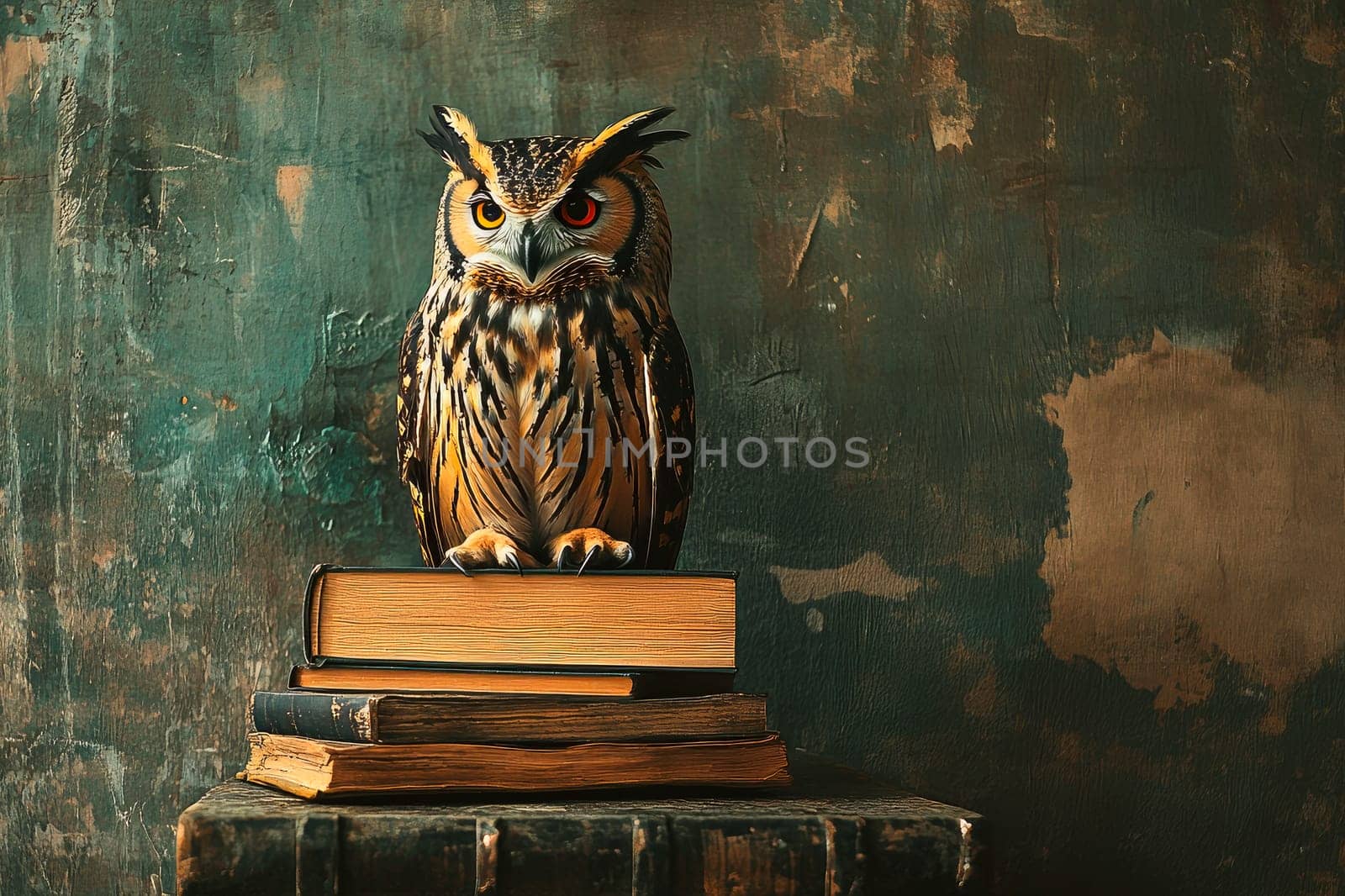 Education and wisdom concept. A wise owl sitting on a pile of books.  AI generated