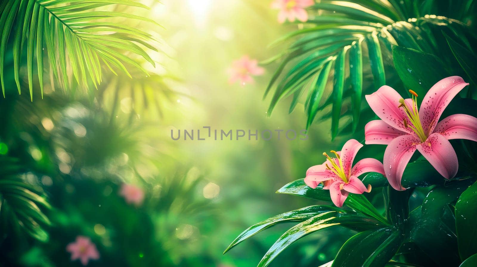 Green tropical background with a beautiful pink lilly flowers.  AI generated