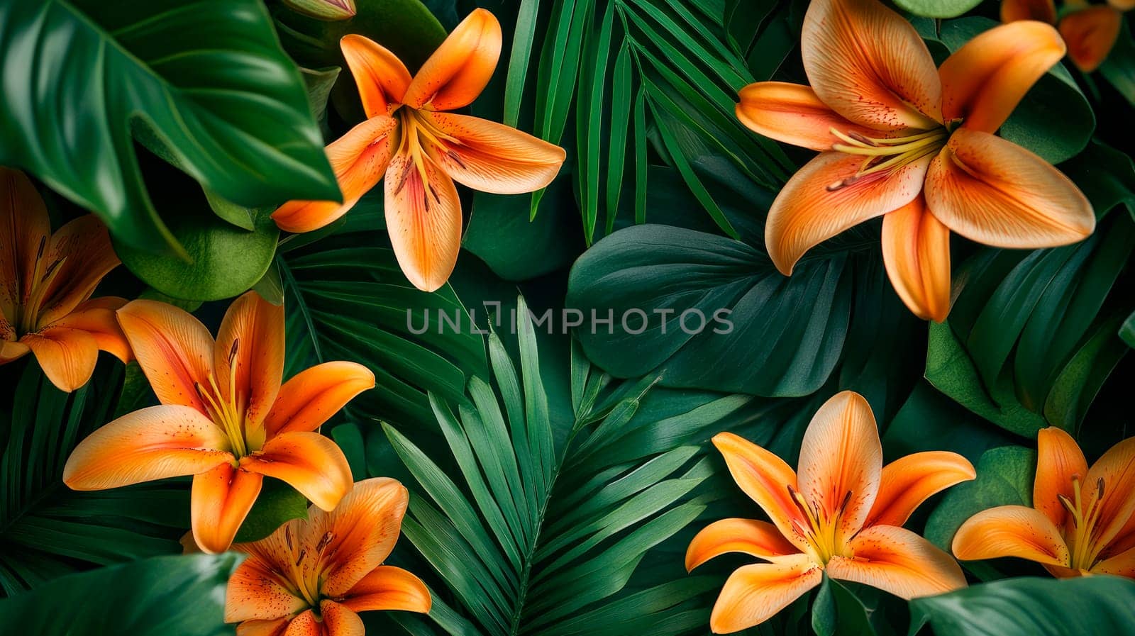 Green tropical background with a beautiful orange lilly flowers.  AI generated