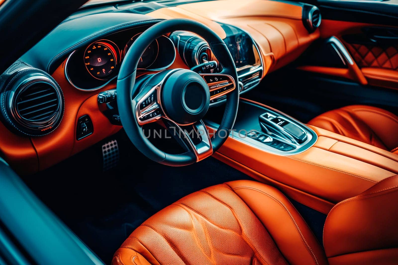 The vehicles interior showcasing stylish automotive design in a personal luxury car.  AI generated