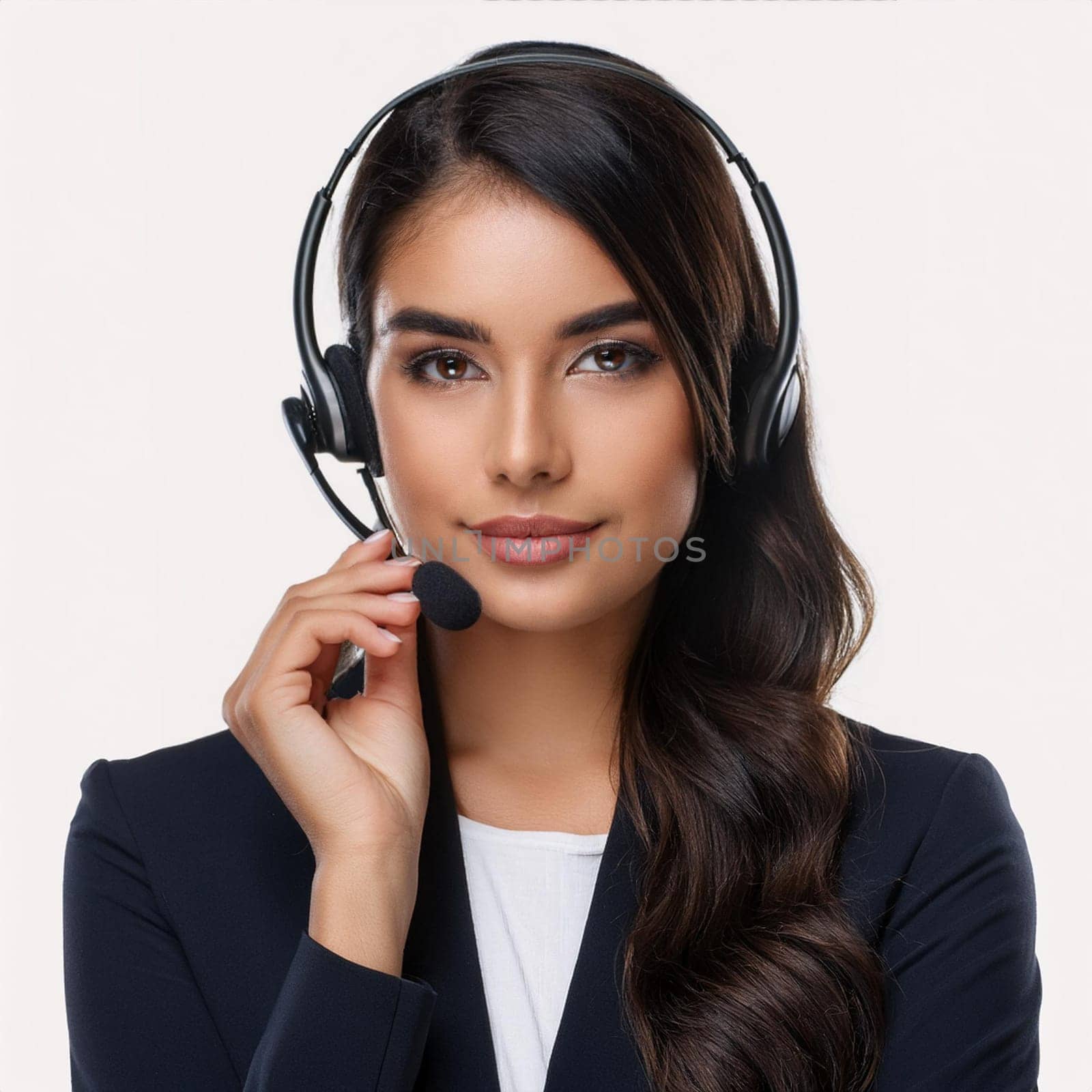 gorgeous young woman with headset in call centre, AI generated image