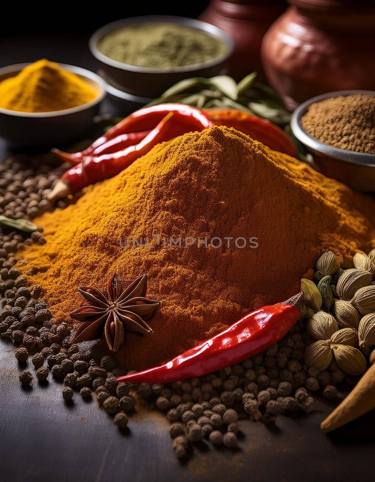 many hot indian spices including curry and curcuma, AI generated image