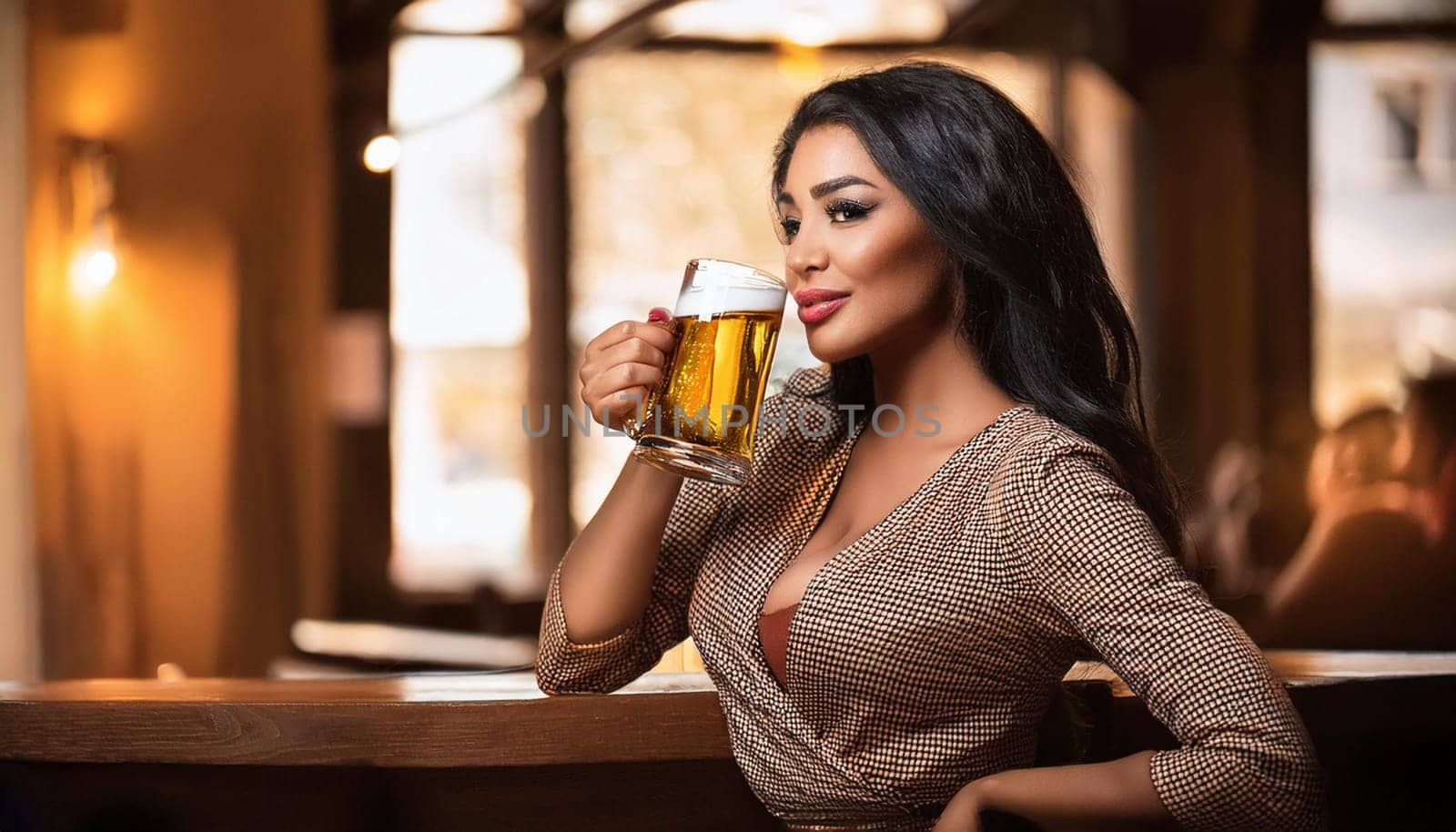 gorgeous young woman drinking beer at the pub, AI generated image