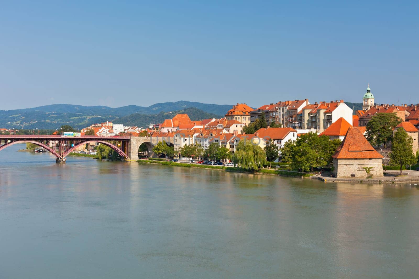 Skyline of Maribor city embankment in the sunny day, Slovenia