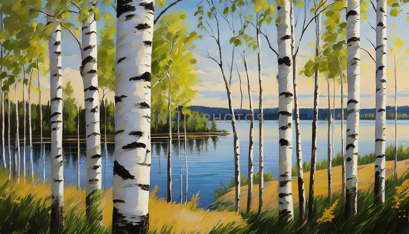 finnish lake and birch trees forest, AI generated image