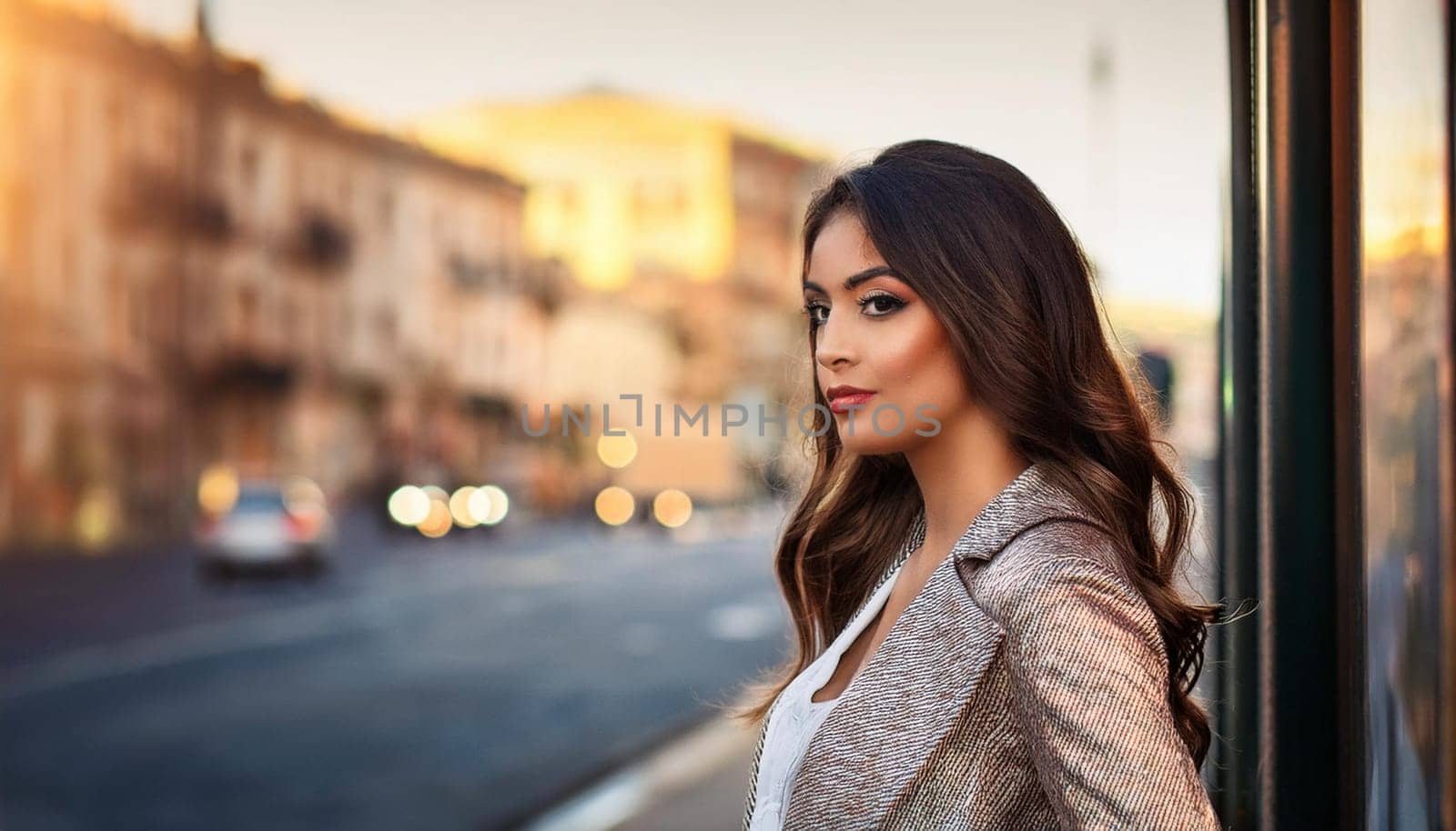 beautiful woman at the bus stop waiting for transport, AI generated image