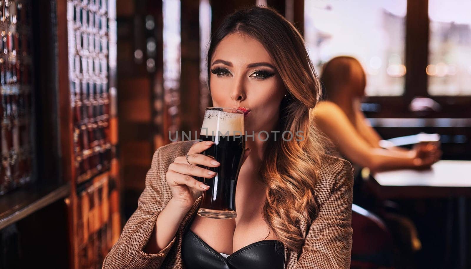gorgeous young woman drinking beer at the pub, AI generated image