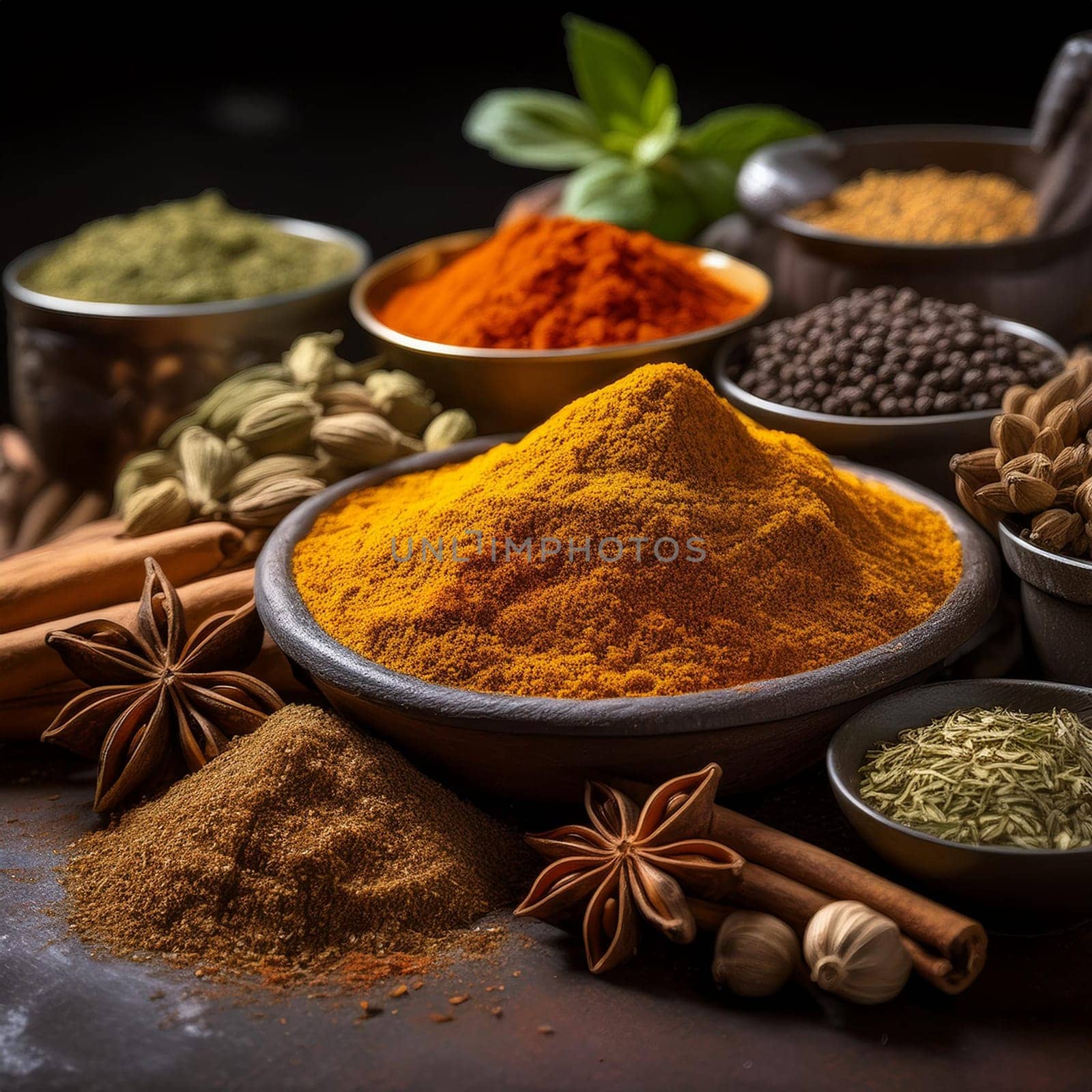 many hot indian spices including curry and curcuma, AI generated image