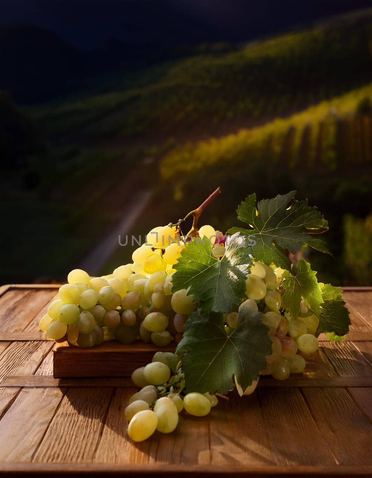 grapes on a wooden table, AI generated image