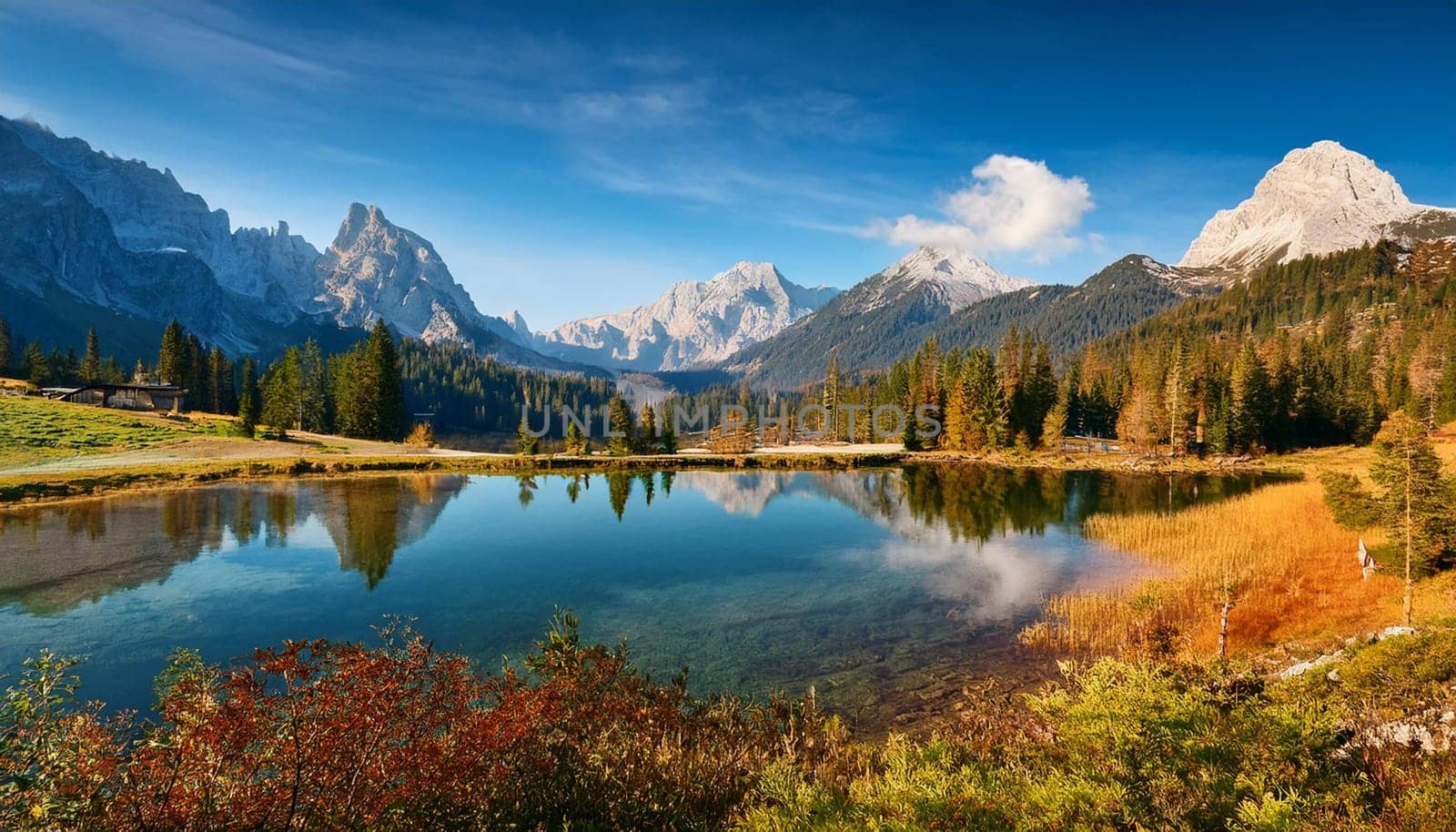 alpine mountains natural landscape with lake, AI generated image