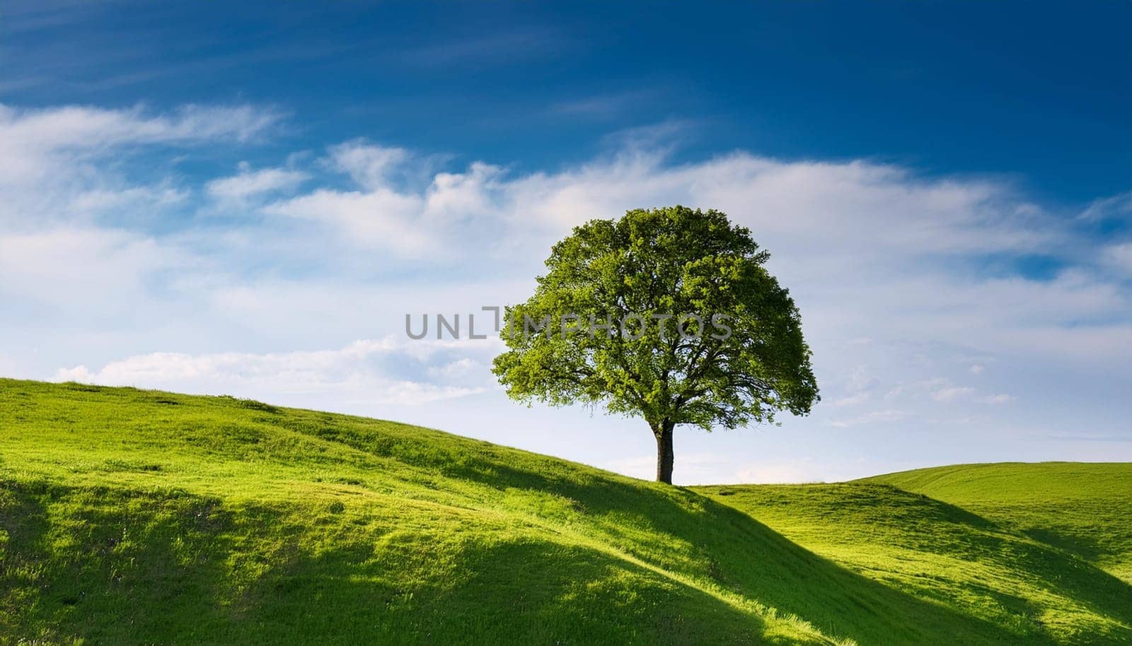 single tree on green hill top, AI generated image