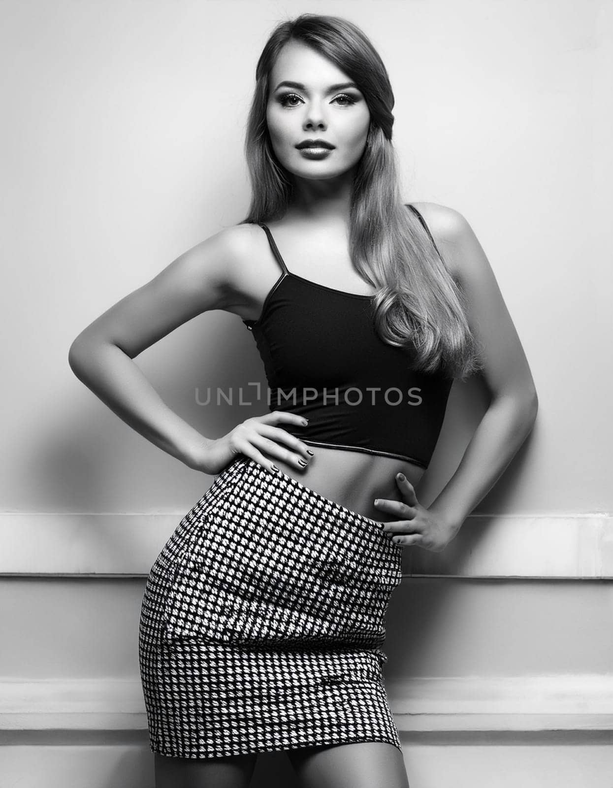 pretty young woman in black and white in miniskirt, AI generated image