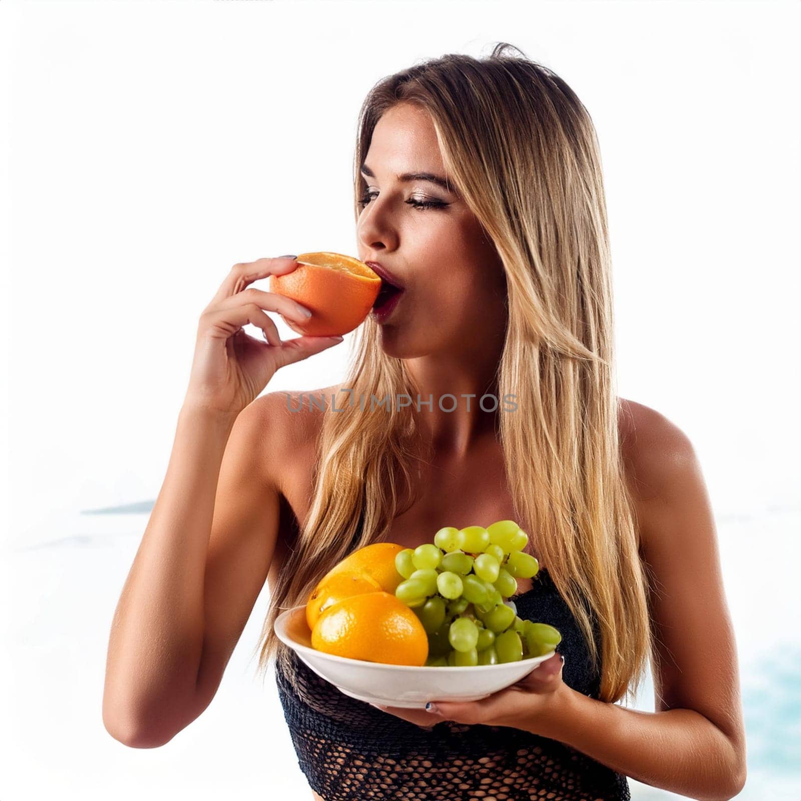 gorgeous young woman eating fruit, AI generated image