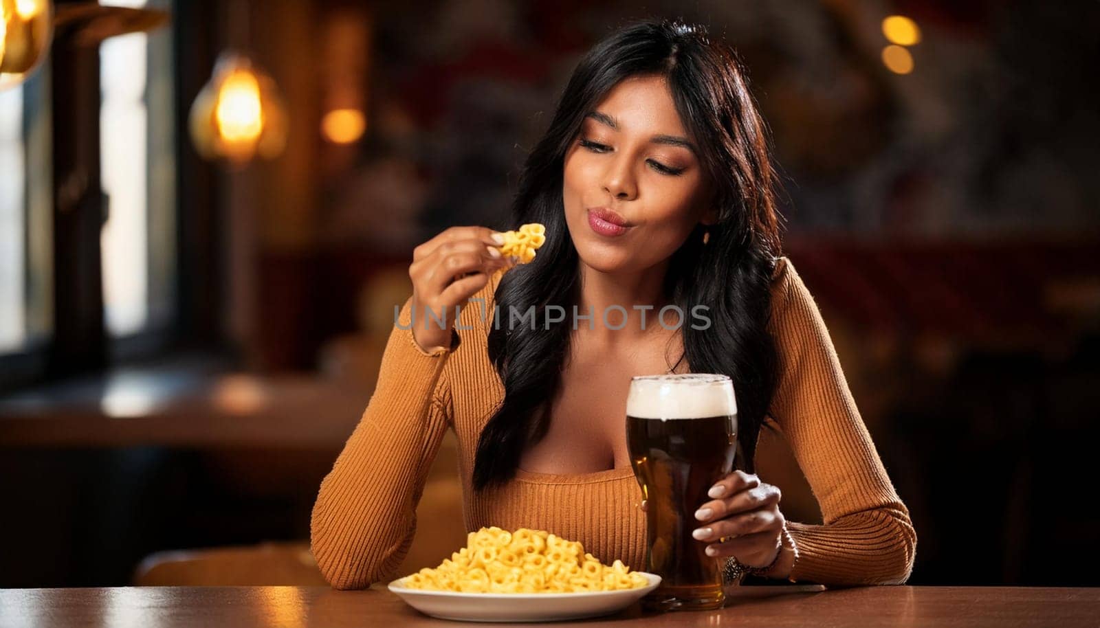 gorgeous young woman eating macaroni cheese and drinking beer, AI generated image