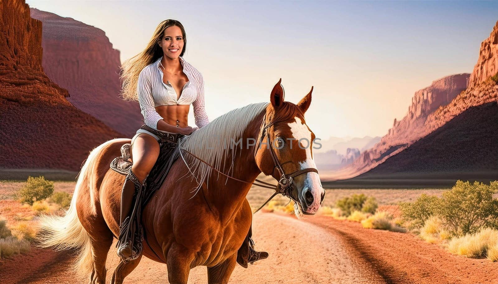 gorgeous young woman horseback riding, AI generated image