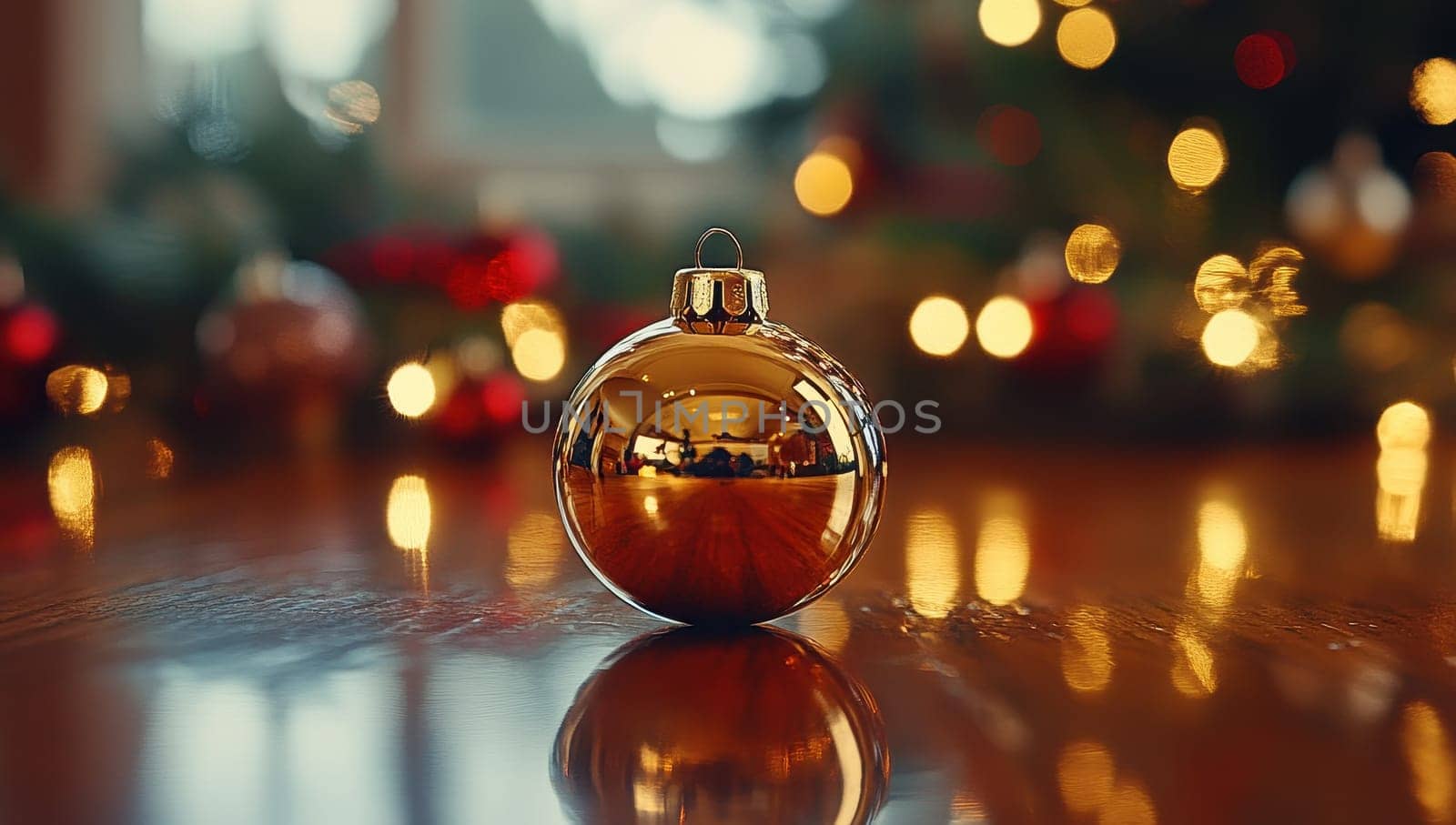 Golden Christmas Ornament Reflecting Warm Lights on Table