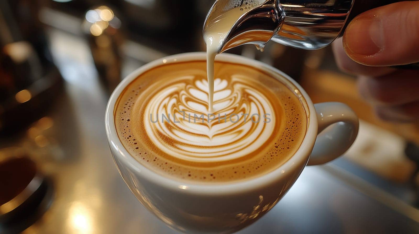 Barista pouring milk into latte art coffee, creating a fern design. Concept coffee shop, barista skills