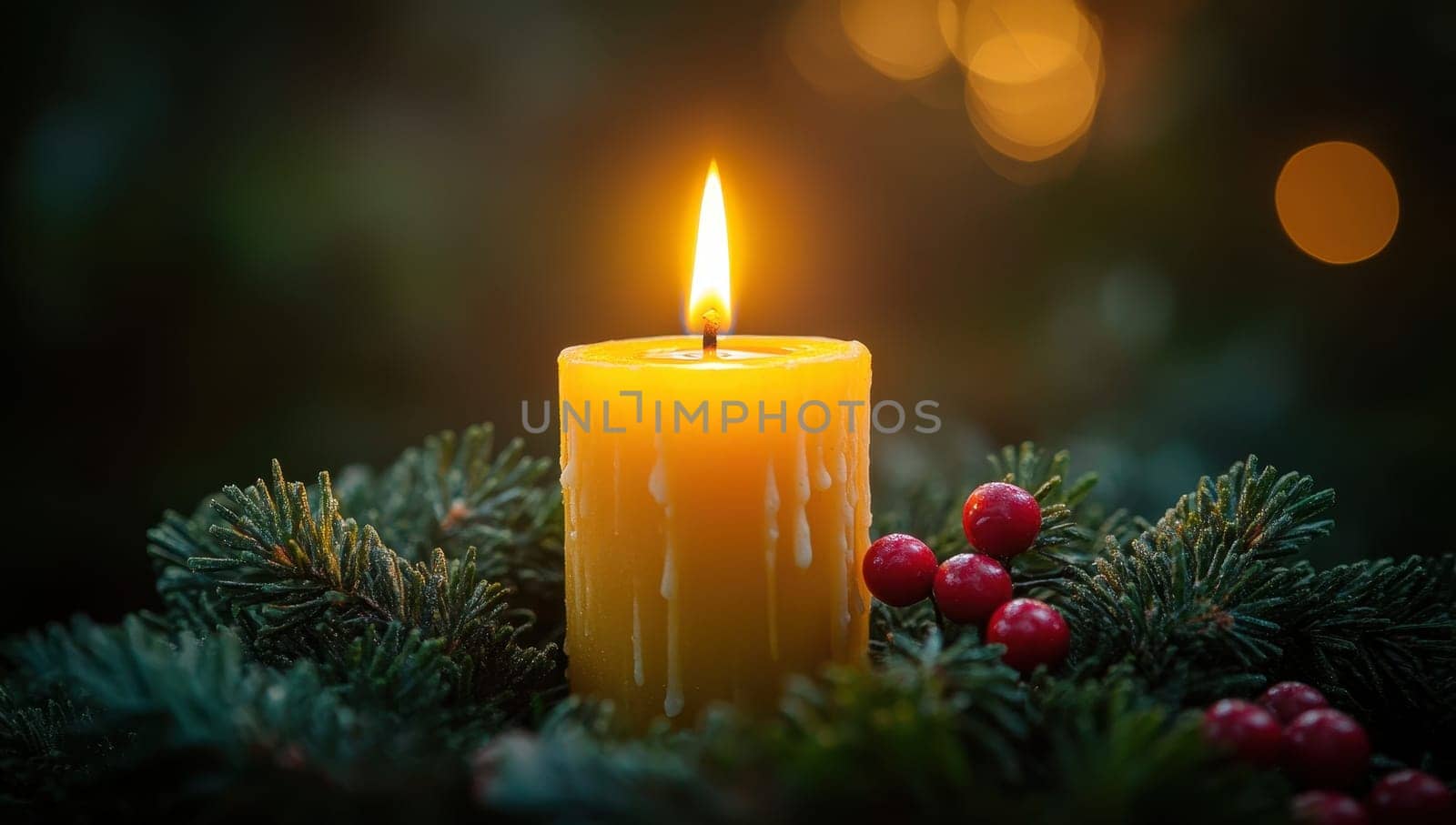 Burning Candle with Christmas Wreath, Festive Holiday Decoration