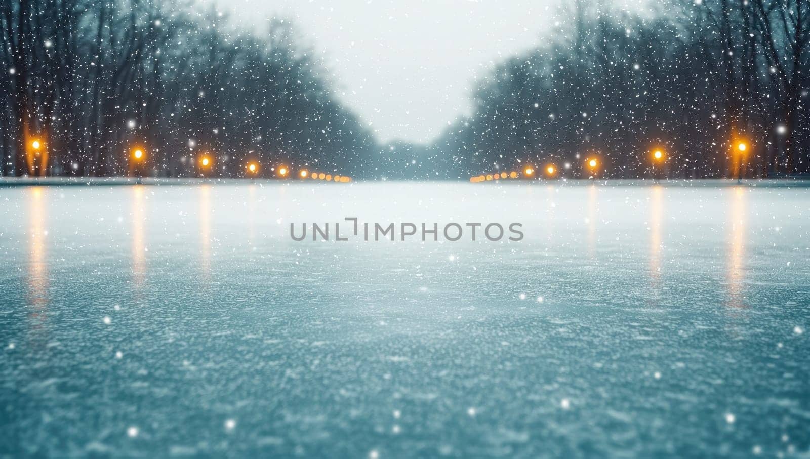 Snowy city park road at night. Concept of winter, cold, and urban landscape.