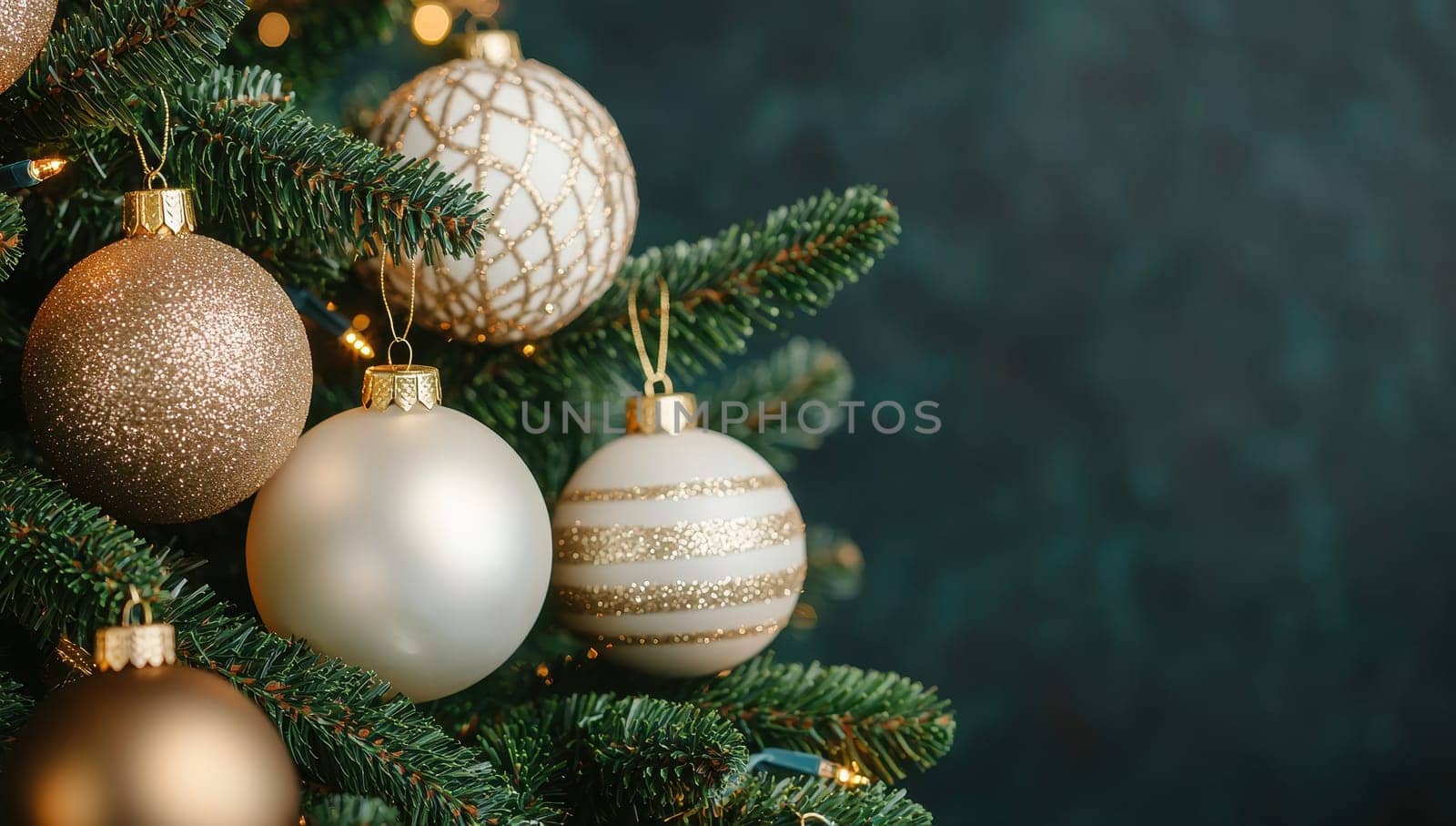Close up of Christmas tree with elegant gold and white ornaments. Concept of festive holiday season.