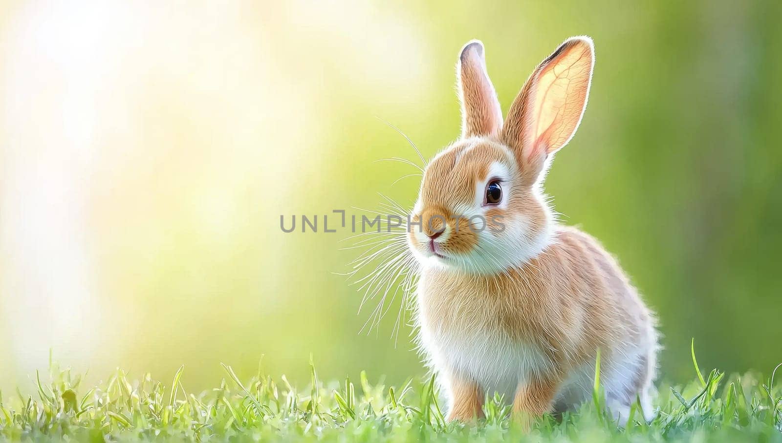 Cute little rabbit sitting in the grass on a sunny day. Concept of spring, Easter, and new life.