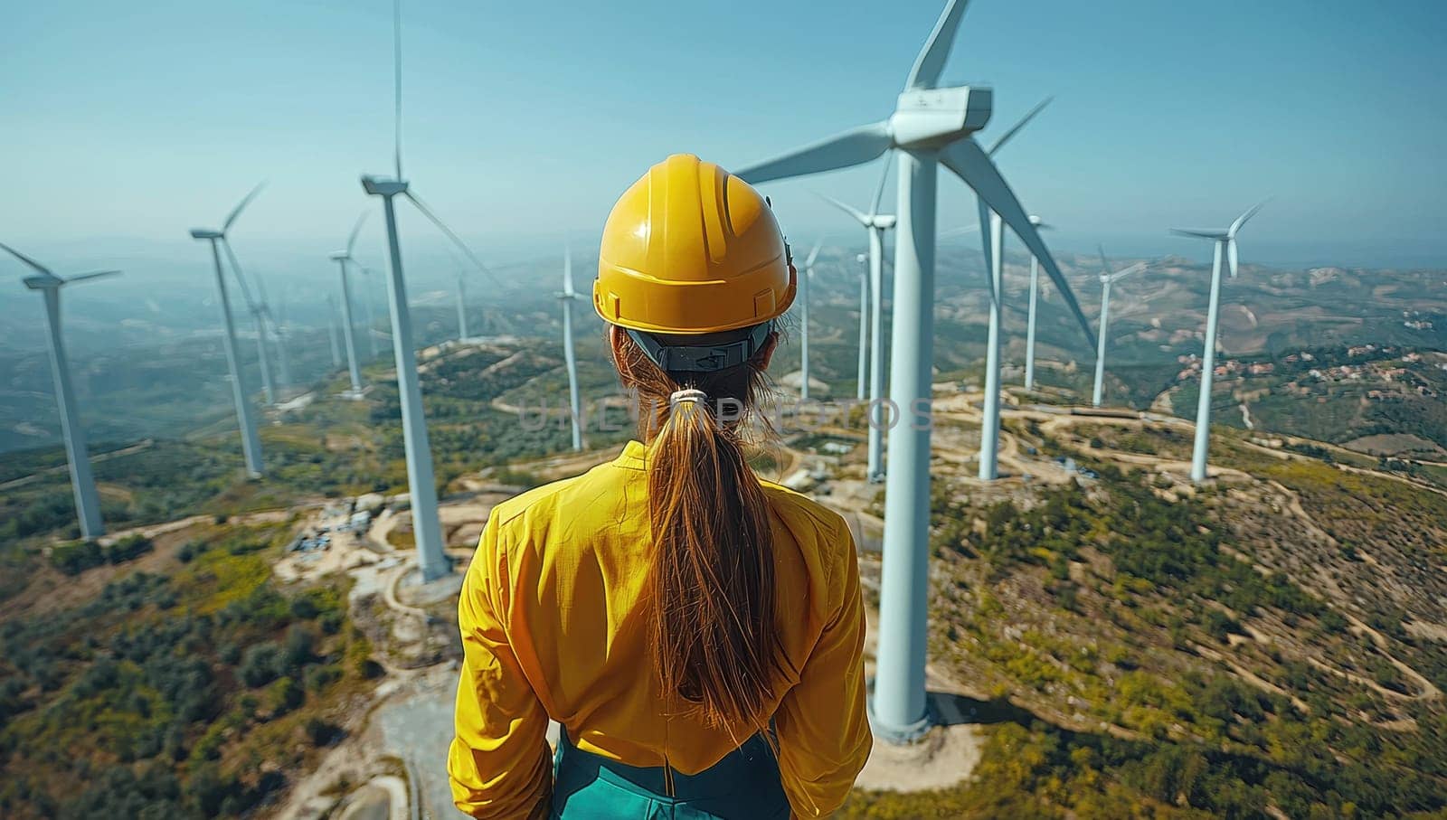 Woman engineer inspecting wind turbines in renewable energy plant
