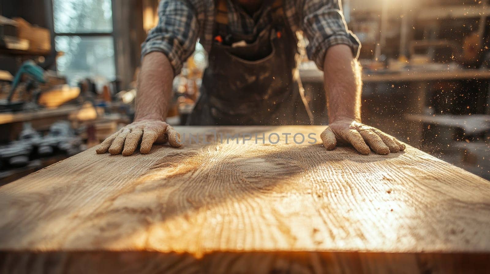 Carpenter's Hands on Wooden Table in Workshop