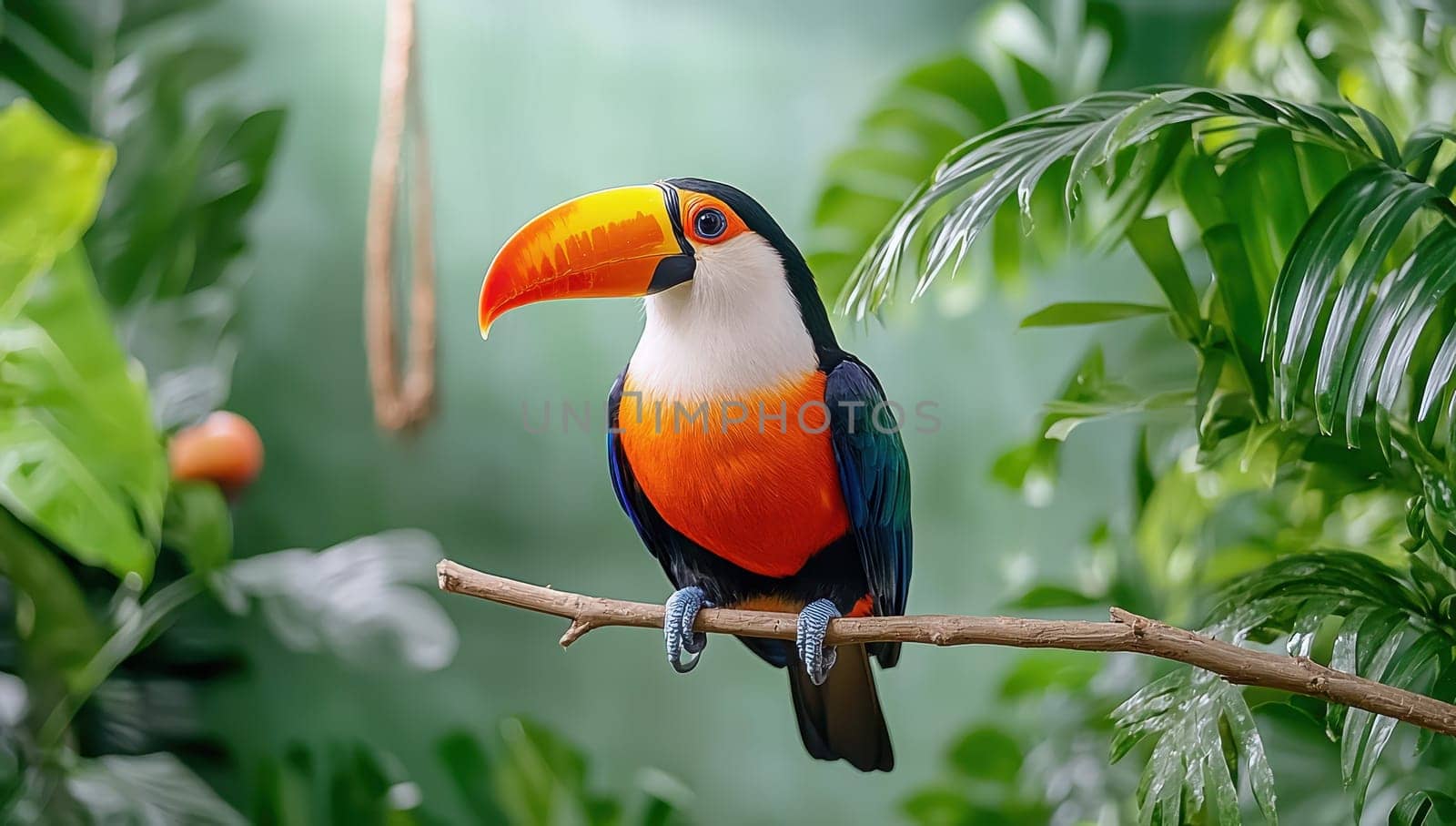 Toucan perched on a branch in the rainforest
