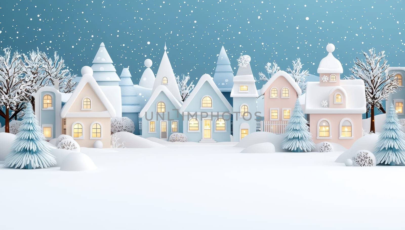 Charming Christmas Village in Snowfall,  A Festive 3D Illustration
