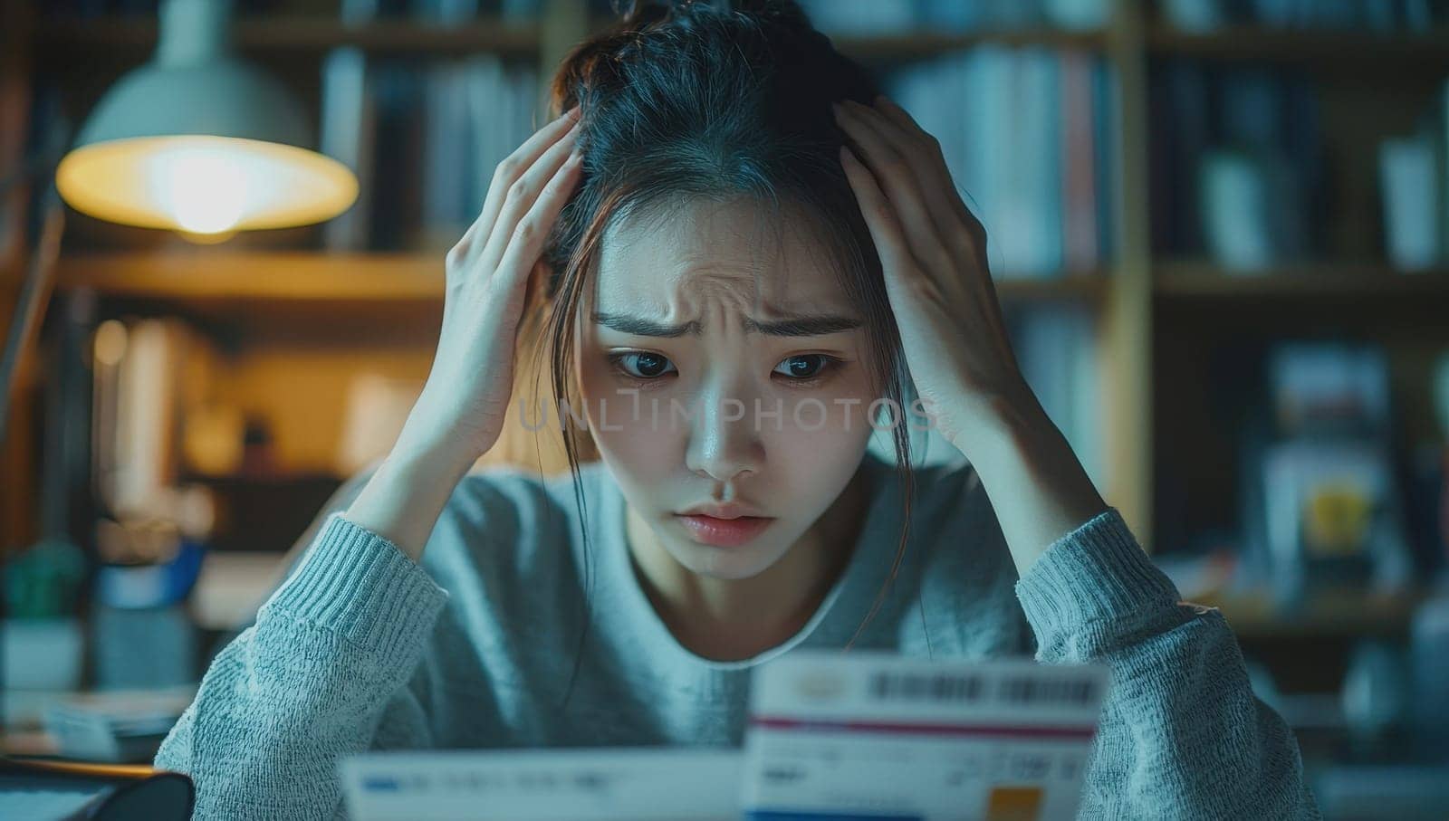 Stressed young woman reviewing bills with financial problems. Concept of debt, expenses, and financial struggles.