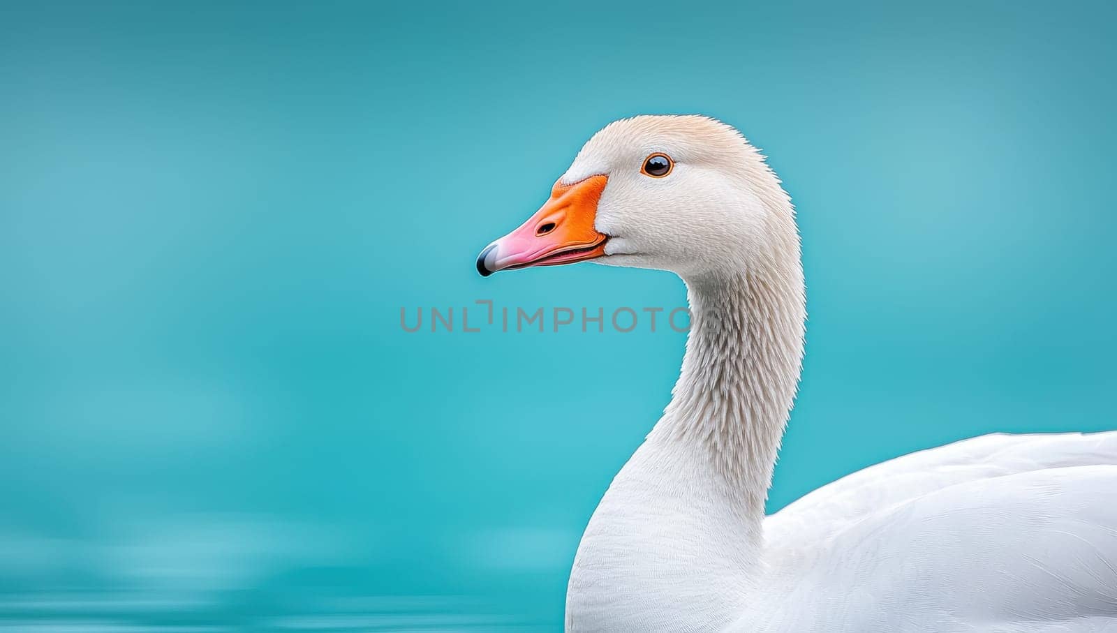 Close up of a white goose with an orange beak against a turquoise blue water background.