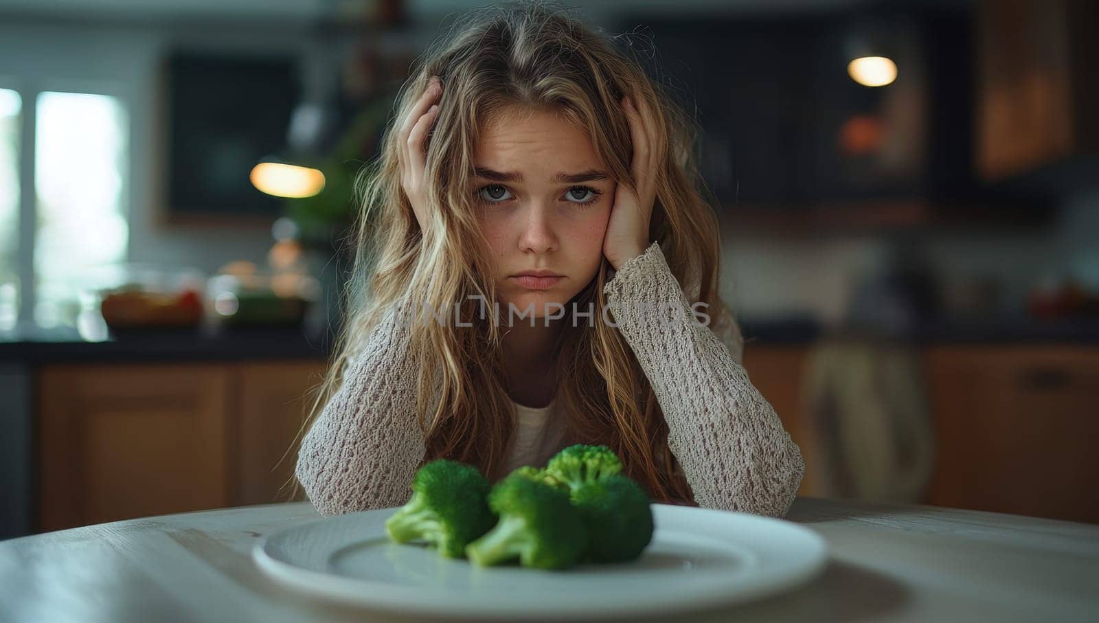 Young woman looking at fresh green broccoli on kitchen table. Concept of healthy eating, nutrition, and lifestyle.