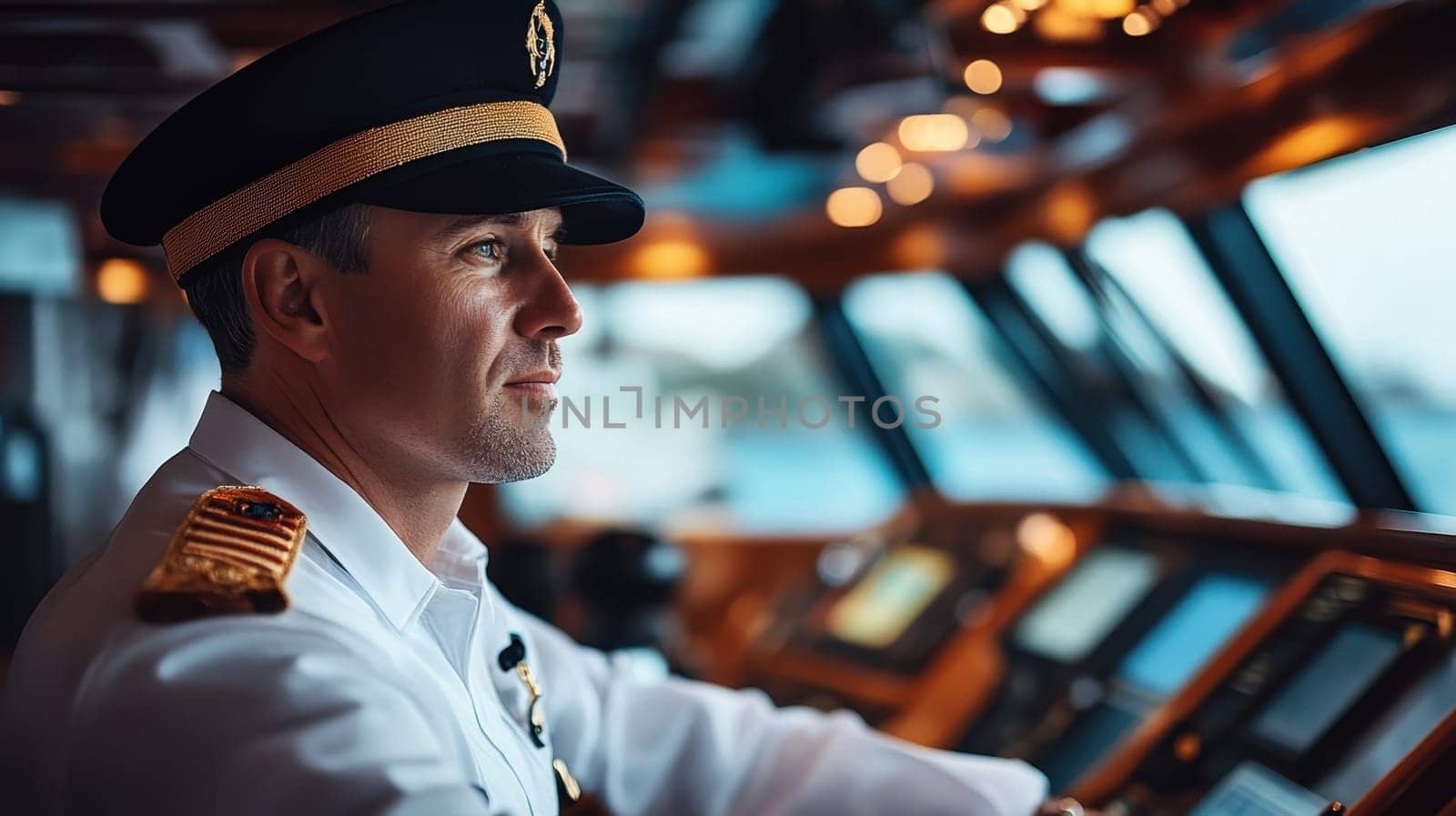 Confident Ship Captain Navigating Vessel From Bridge, Leadership, Maritime Industry